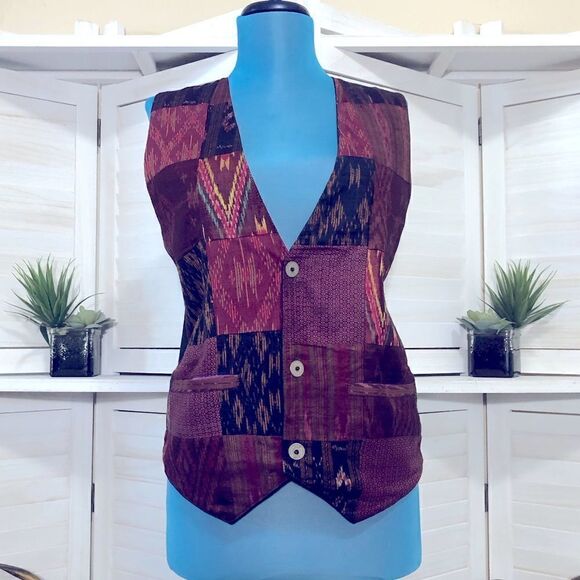 Vintage 90s Y2K Silk Patchwork Quilted Vest Size Medium - Picture 2 of 8